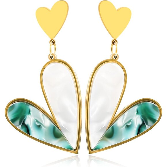 Green Heart Dangle Hoops Statement Vintage Long Summer Earring for Women Jewelry - Picture 1 of 9